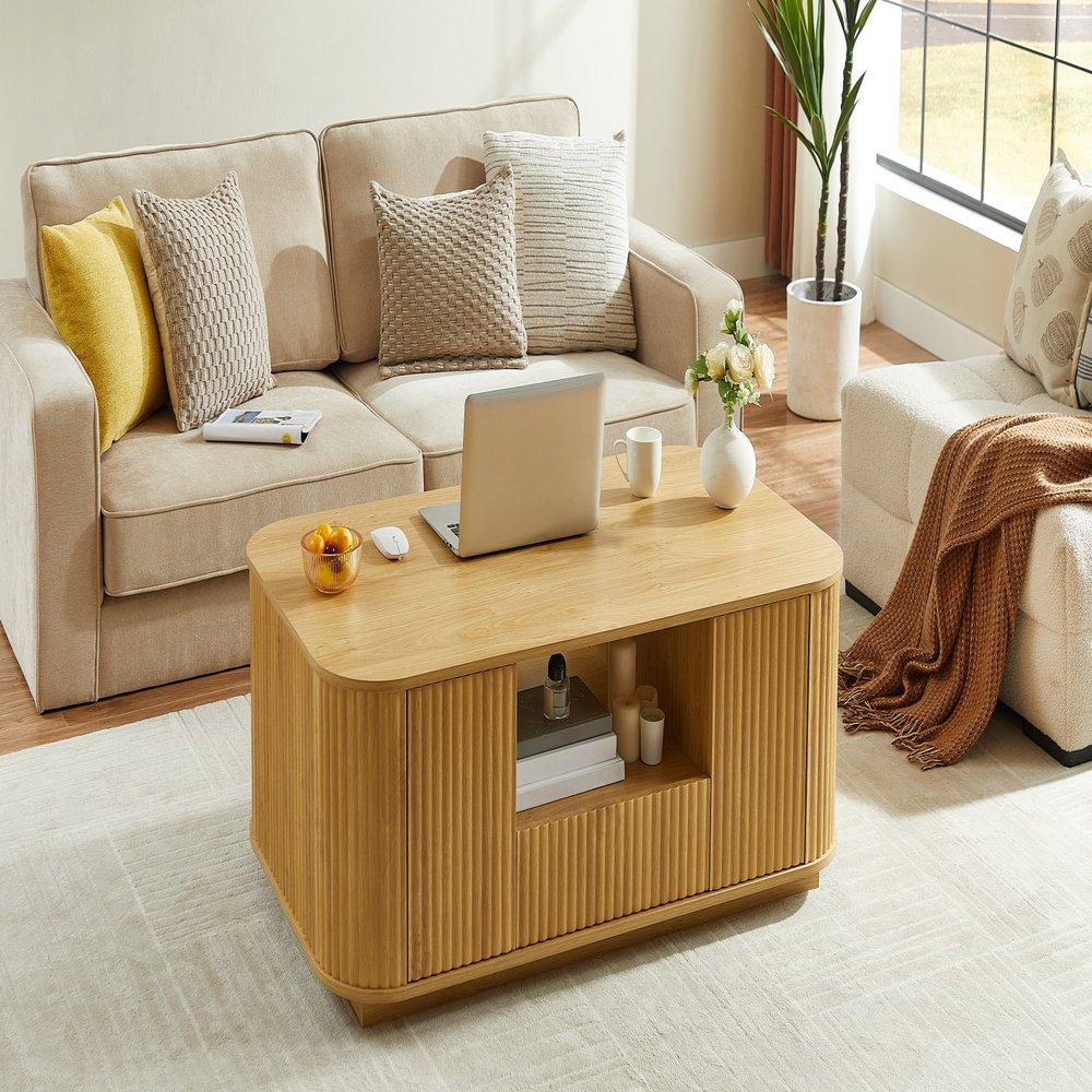 47" Natural Wood Oval Block Coffee Table With Storage
