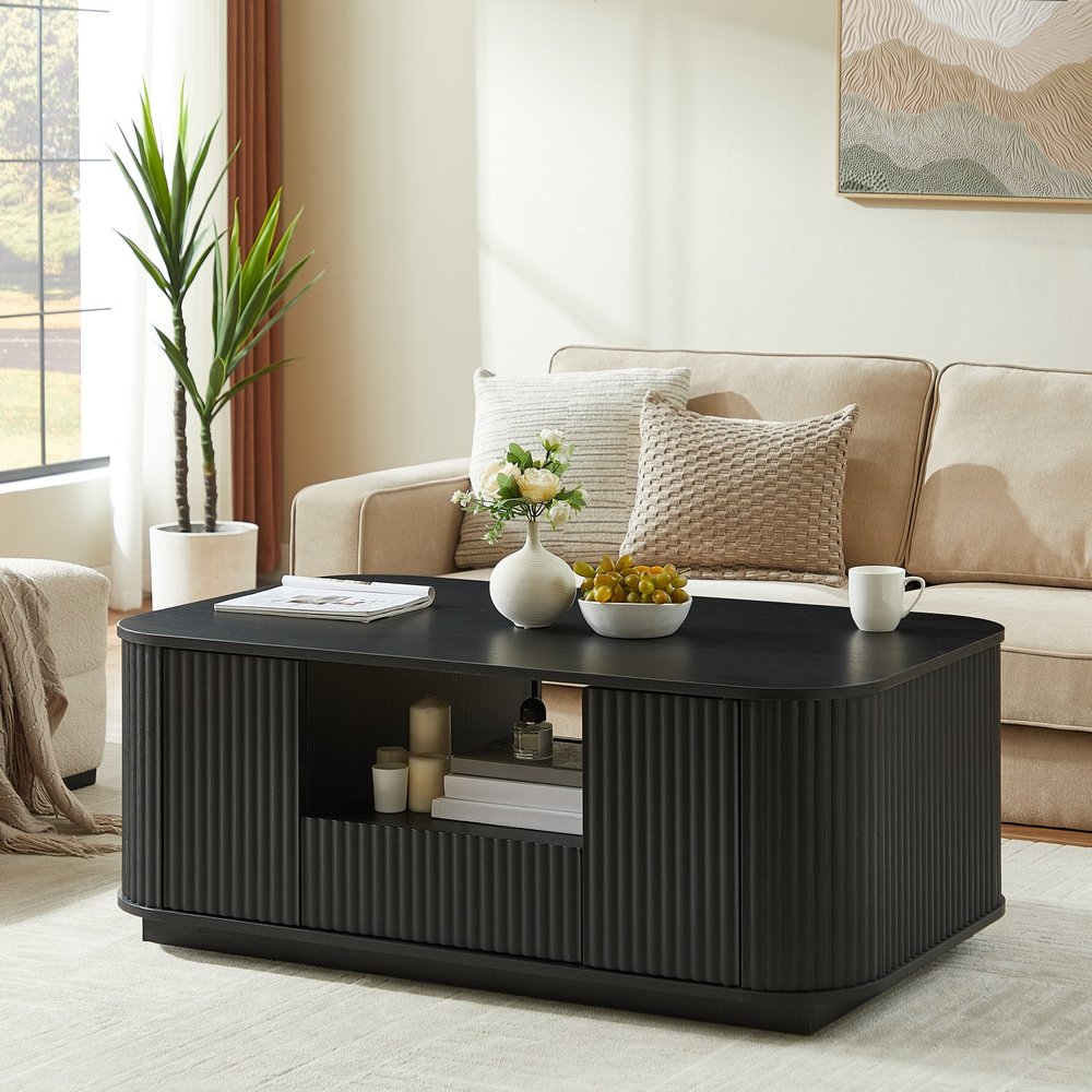 47" Black Wood Oval Block Coffee Table With Storage