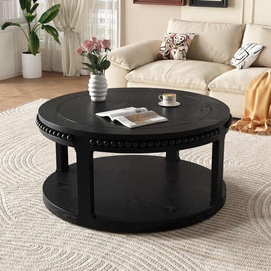 32" Black Wood Floor Shelf Beaded Round Coffee Table