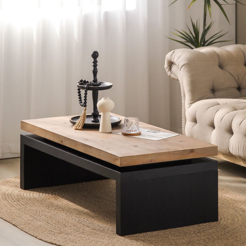 48" Natural and Black Wood Floating Frame Coffee Table