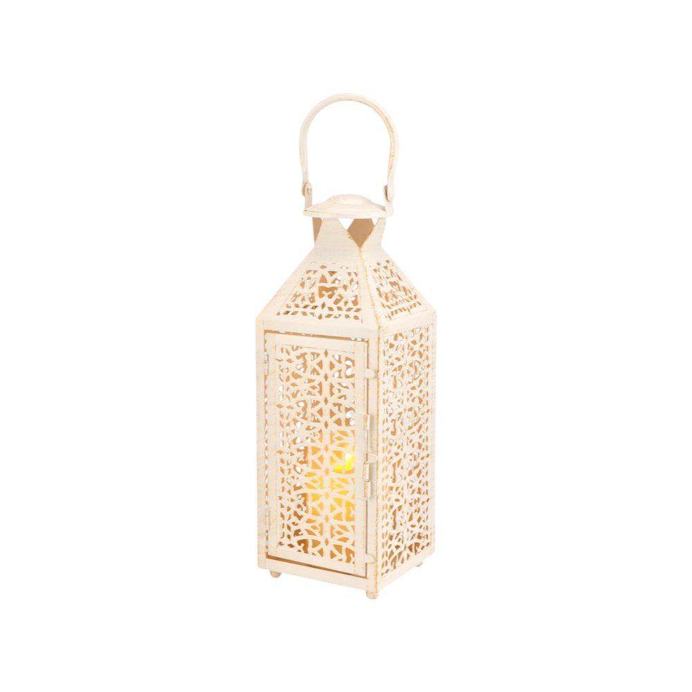 Set of Two White Filigree Metal Tabletop Lantern Candle Holders