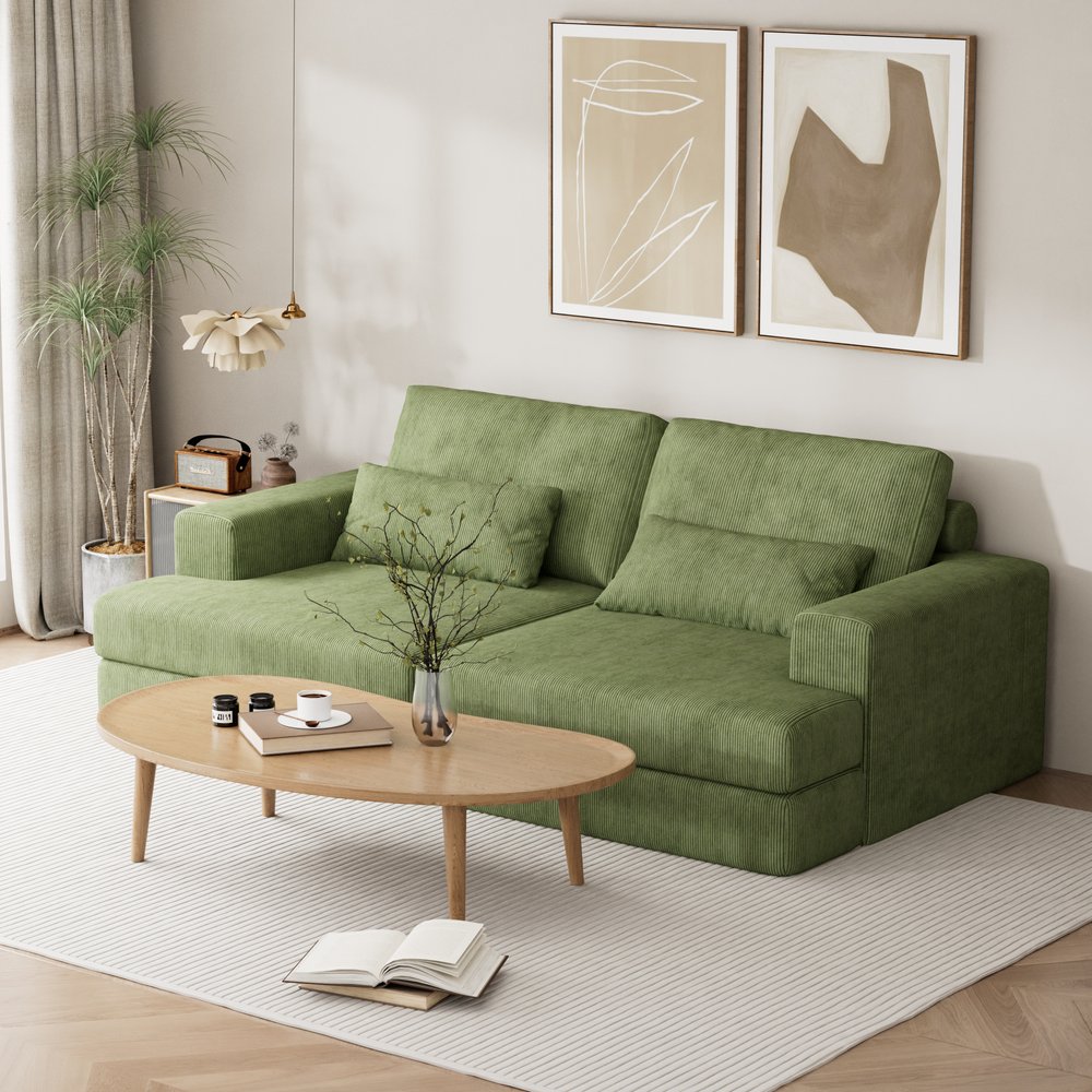93" Green Corduroy Modular Stainless Steel Sleeper Sofa With Toss Pillows