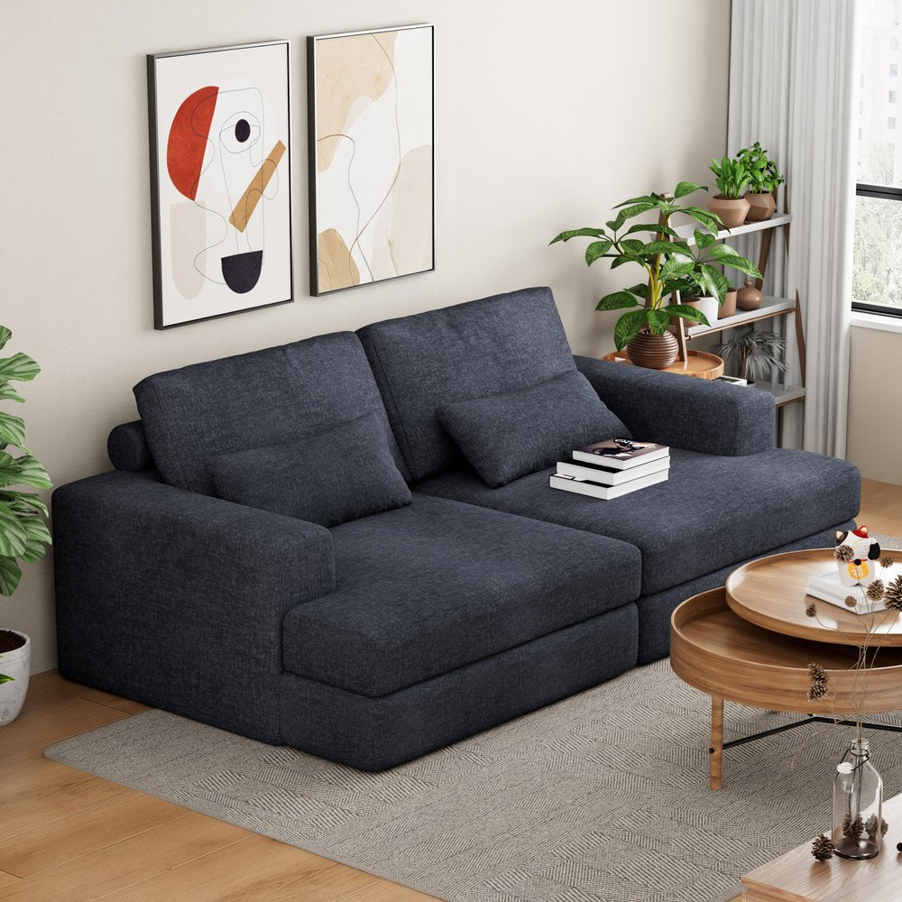 93" Blue Chenille Modular Stainless Steel Sleeper Sofa With Toss Pillows