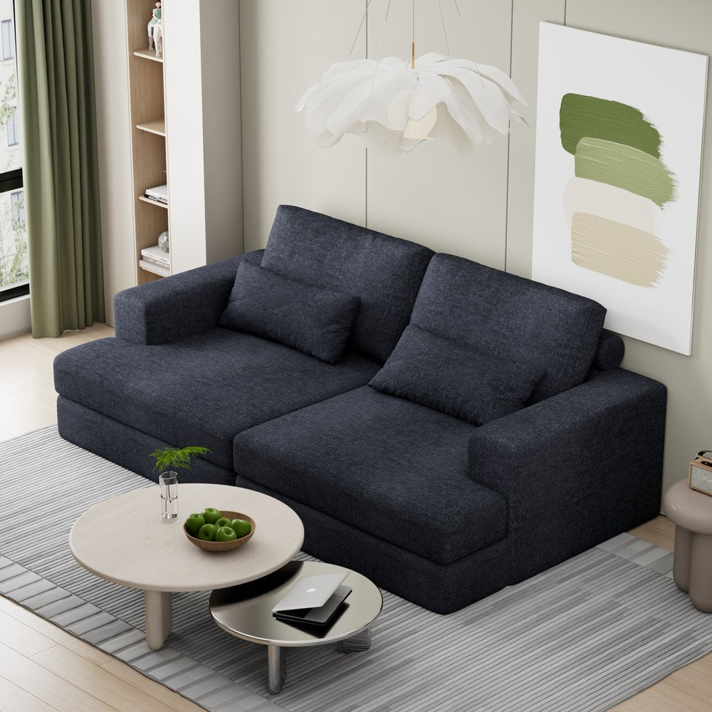 93" Blue Chenille Modular Stainless Steel Sleeper Sofa With Toss Pillows