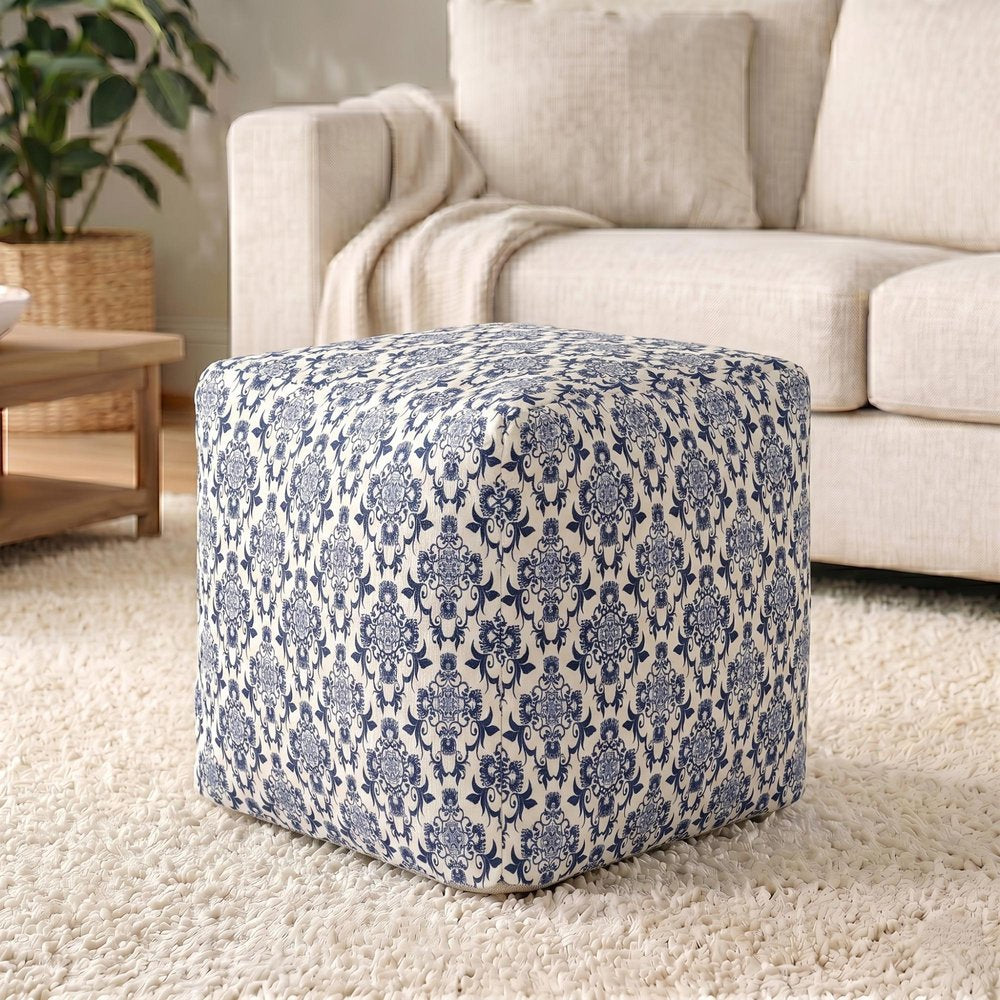 18" Blue and White Upholstered Floral Pouf Ottoman
