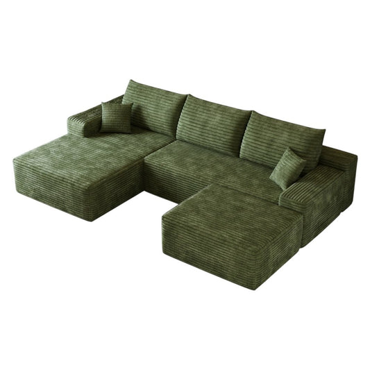 107" Green Corduroy Modular Universal Sofa With Ottoman And Toss Pillows