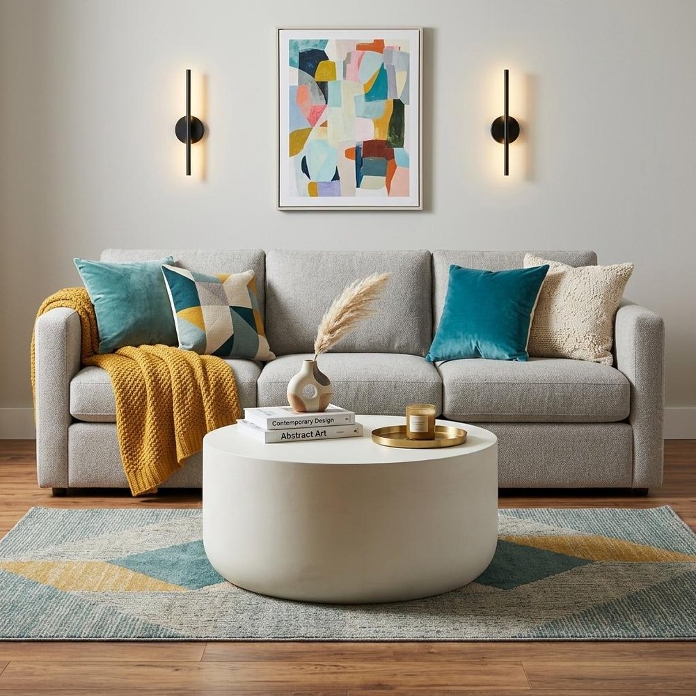 31" White Cement Round Drum Coffee Table
