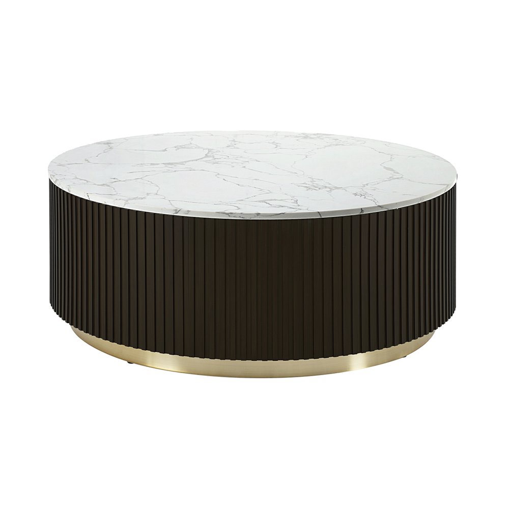 35" White Espresso and Gold Faux Marble Solid Wood and Steel Round Drum Coffee Table