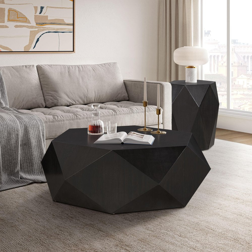 50" Black Wood Hexagon Block Coffee Table