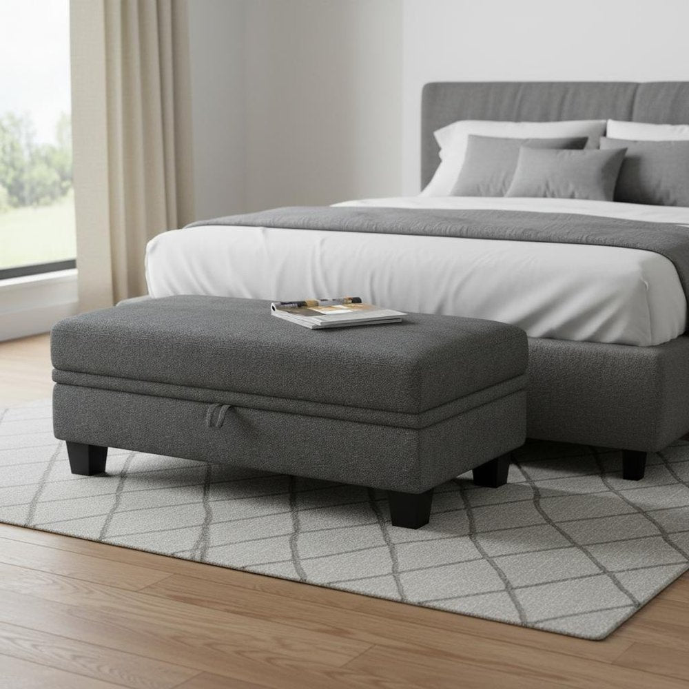 46" Light Gray and Black Chenille Storage Ottoman