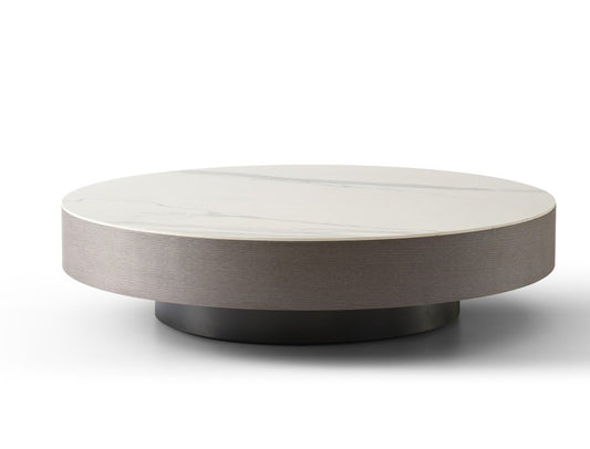 41" White and Gray Ceramic Tile and Wood Round Pedestal Coffee Table