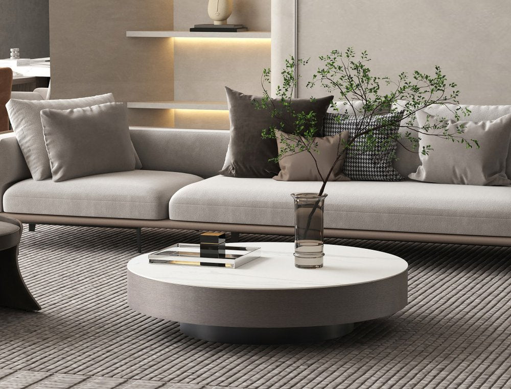 41" White and Gray Ceramic Tile and Wood Round Pedestal Coffee Table