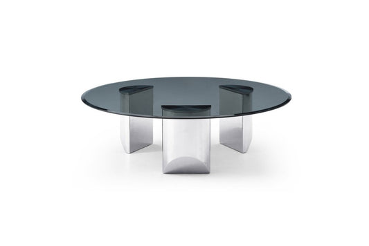 49" Black and Silver Mirrored Glass and Stainless Steel Round Coffee Table