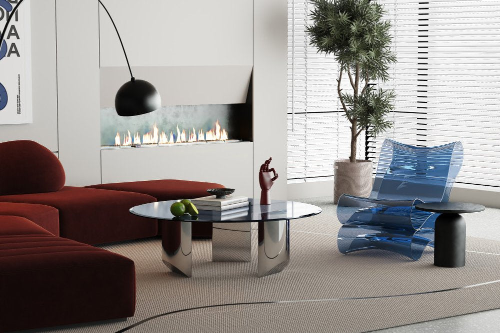 49" Black and Silver Mirrored Glass and Stainless Steel Round Coffee Table