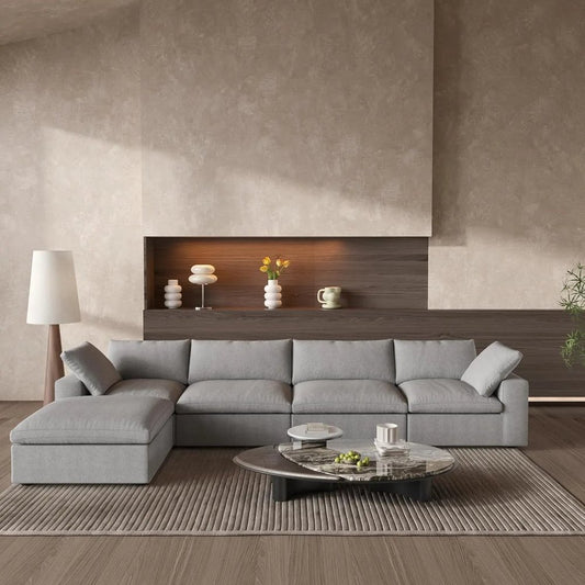 160" Light Gray Linen Blend Modular Universal Sofa With Ottoman And Storage