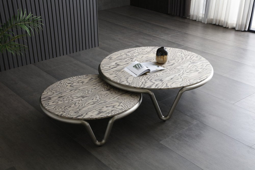 55" Gray and Silver Wood and Stainless Steel Round Coffee Table