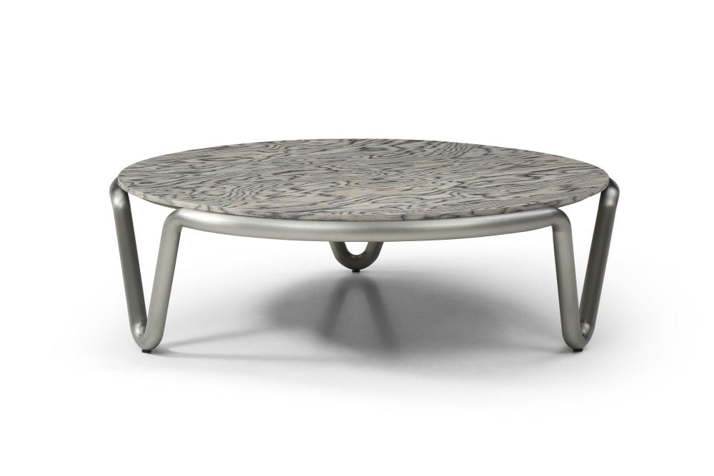43" Gray and Silver Wood and Stainless Steel Round Coffee Table