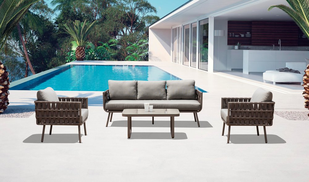 Four Piece Gray and Taupe Metal Upholstered Cushions Sofa Seating Group With Table