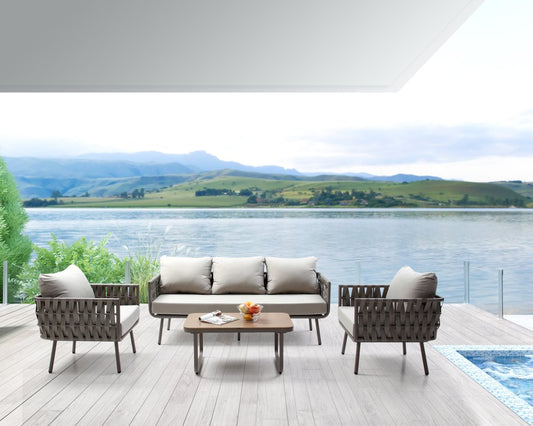 Four Piece Gray and Taupe Metal Upholstered Cushions Sofa Seating Group With Table