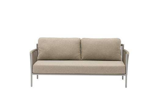 Four Piece Light Gray and Taupe Metal Upholstered Cushions Sofa Seating Group With Table