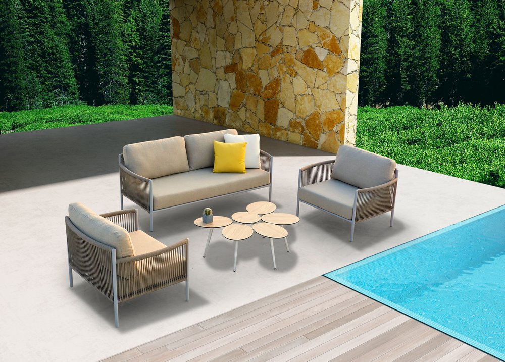 Four Piece Light Gray and Taupe Metal Upholstered Cushions Sofa Seating Group With Table