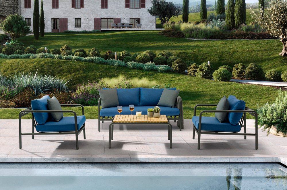 Four Piece Dark Gray and Blue Metal Upholstered Cushions Sofa Seating Group With Table