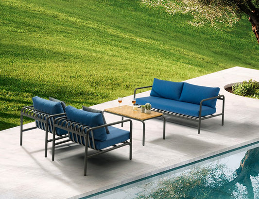 Four Piece Dark Gray and Blue Metal Upholstered Cushions Sofa Seating Group With Table