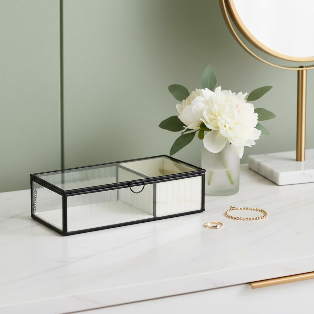 10" Black Glass Two Section Jewelry Box With Metal Accents