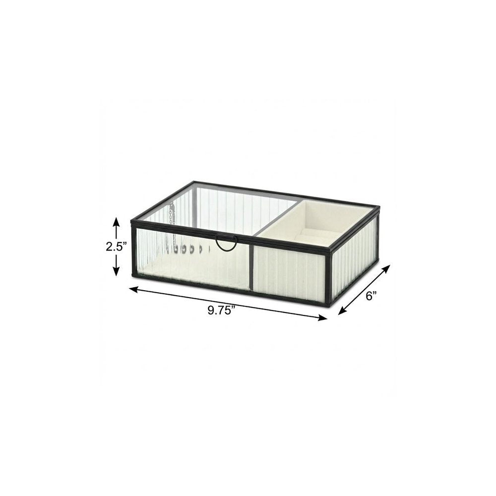 10" Black Glass Two Section Jewelry Box With Metal Accents
