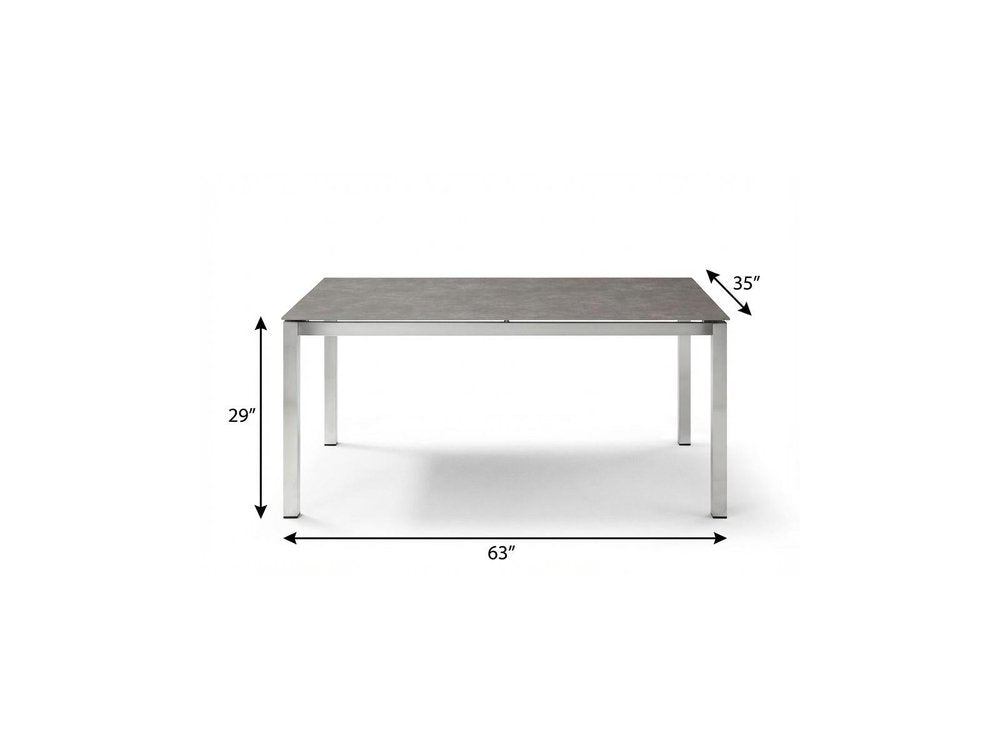63" Dark Gray and Silver Ceramic Glass and Stainless Steel Outdoor Dining Table