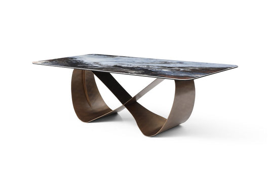 94" Black White and Bronze Ceramic and Steel Cross Leg Base Dining Table