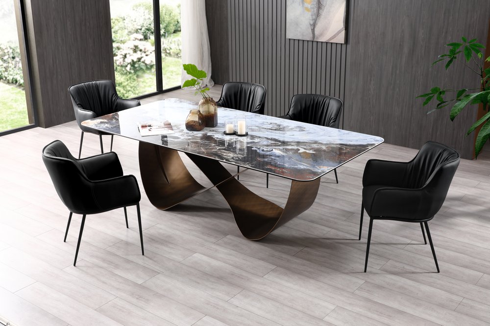 94" Black White and Bronze Ceramic and Steel Cross Leg Base Dining Table