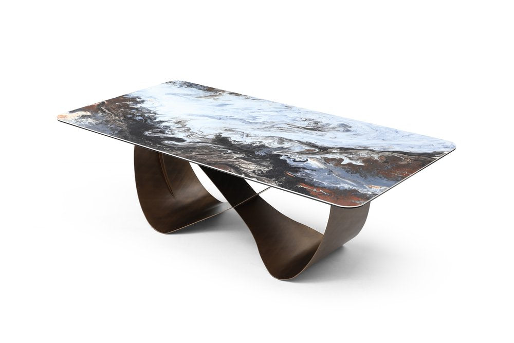94" Black White and Bronze Ceramic and Steel Cross Leg Base Dining Table