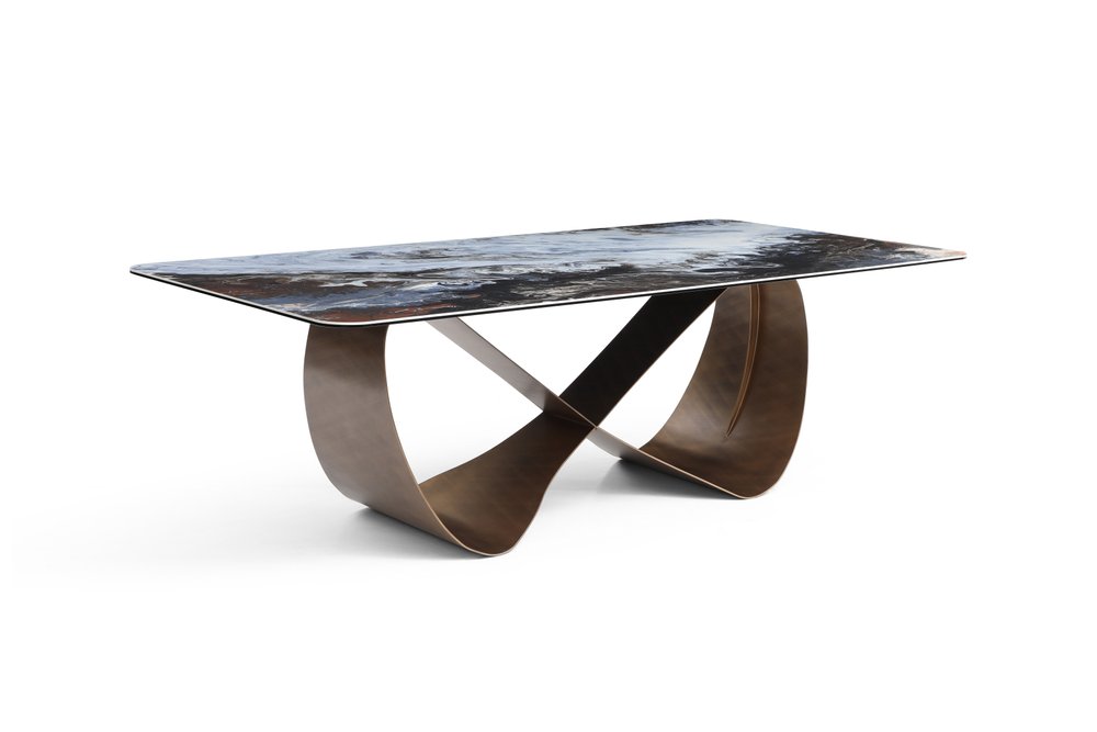 94" Black White and Bronze Ceramic and Steel Cross Leg Base Dining Table