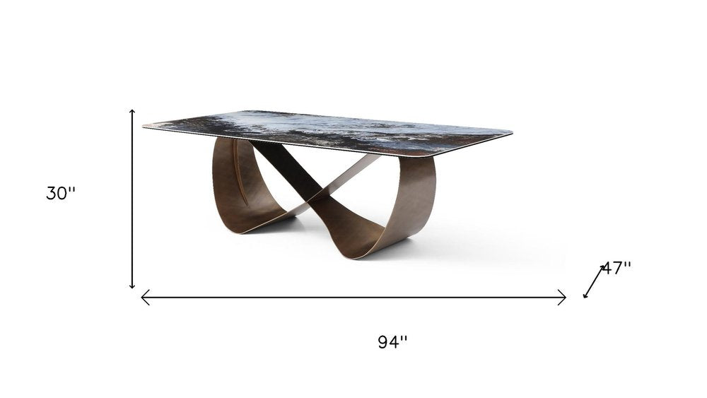 94" Black White and Bronze Ceramic and Steel Cross Leg Base Dining Table