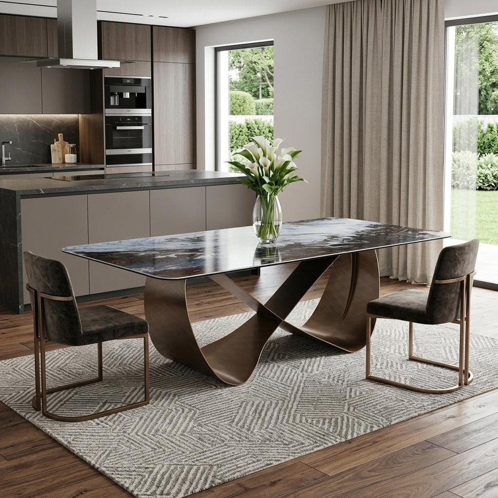 94" Black White and Bronze Ceramic and Steel Cross Leg Base Dining Table