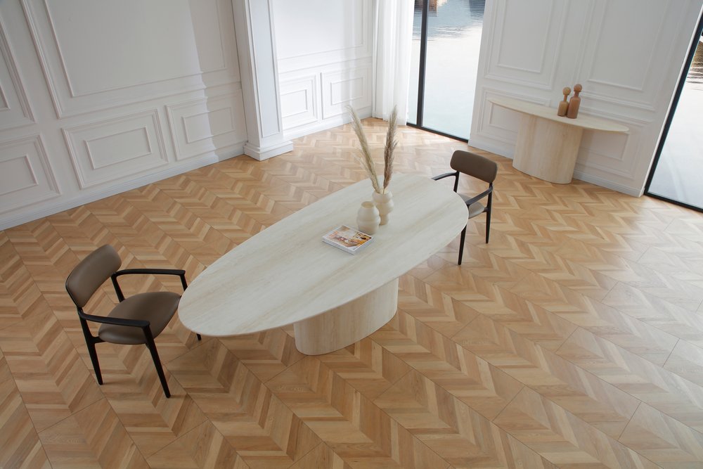 95" Beige Marble Pedestal Base Oval Dining Table