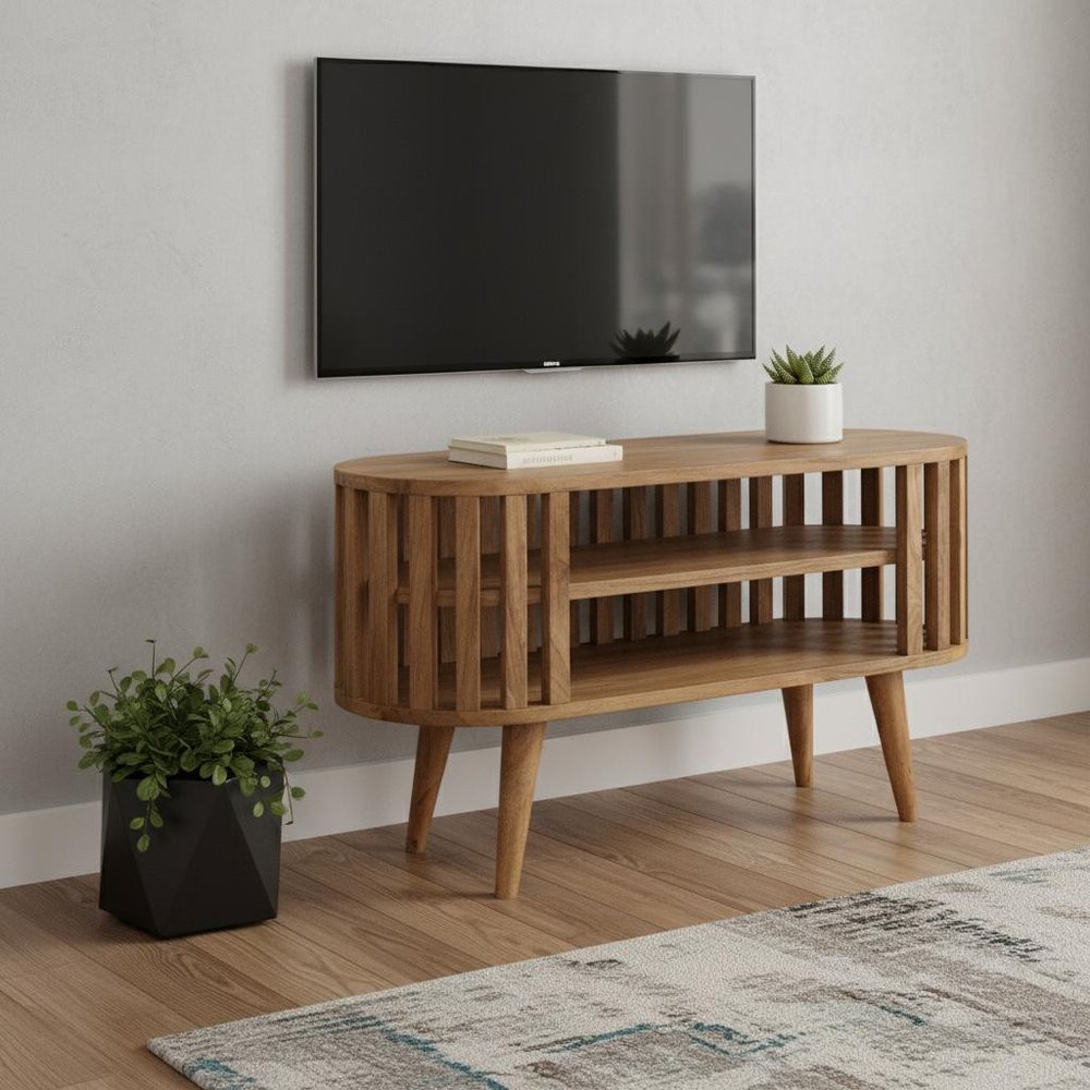 35" Brown Solid Wood Enclosed and Open Storage TV Stand