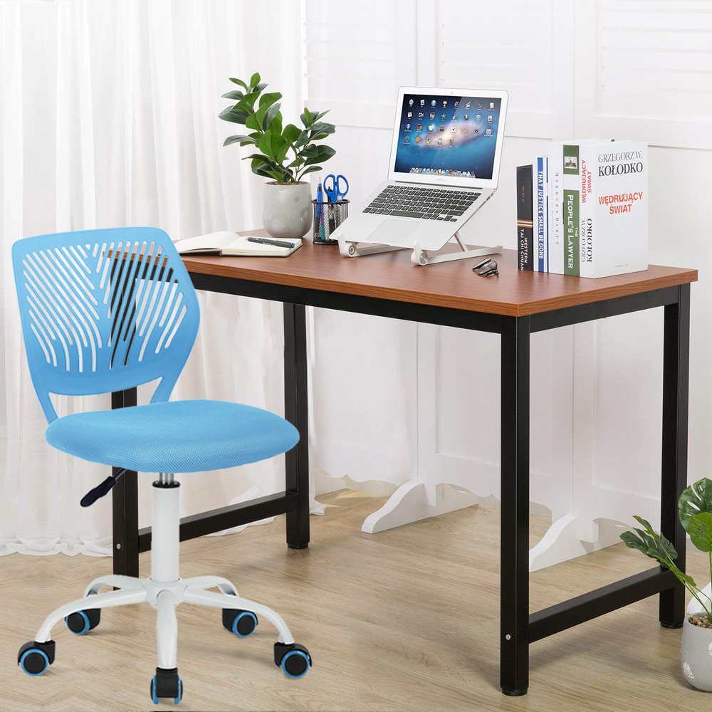 Blue and White Adjustable Height Swivel Rolling Office Chair