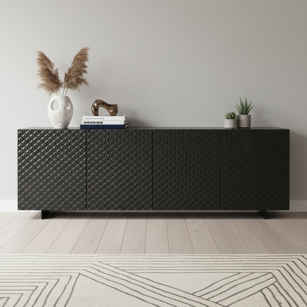 94" Dark Gray Wood Carved Geometric Sideboard With Four Doors