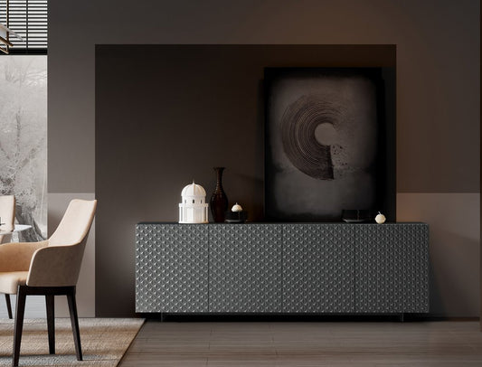 94" Dark Gray Wood Carved Geometric Sideboard With Four Doors