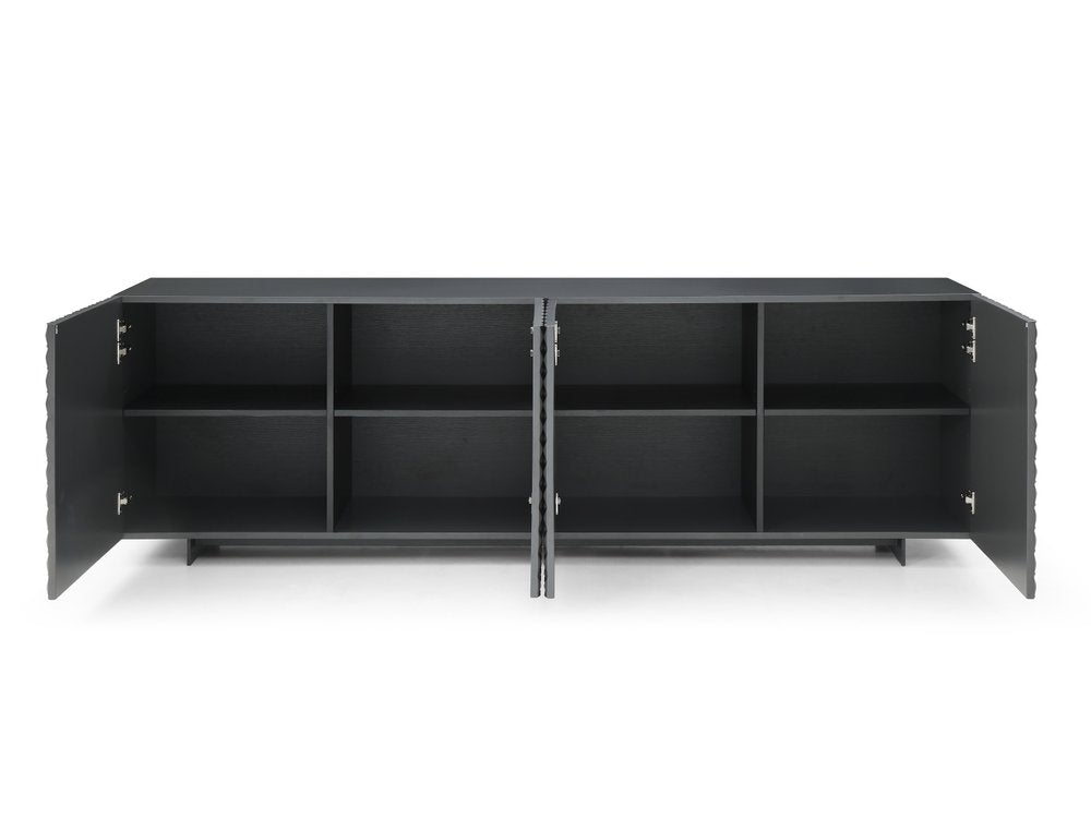 94" Dark Gray Wood Carved Geometric Sideboard With Four Doors
