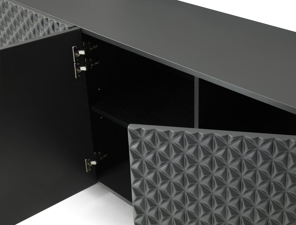 94" Dark Gray Wood Carved Geometric Sideboard With Four Doors
