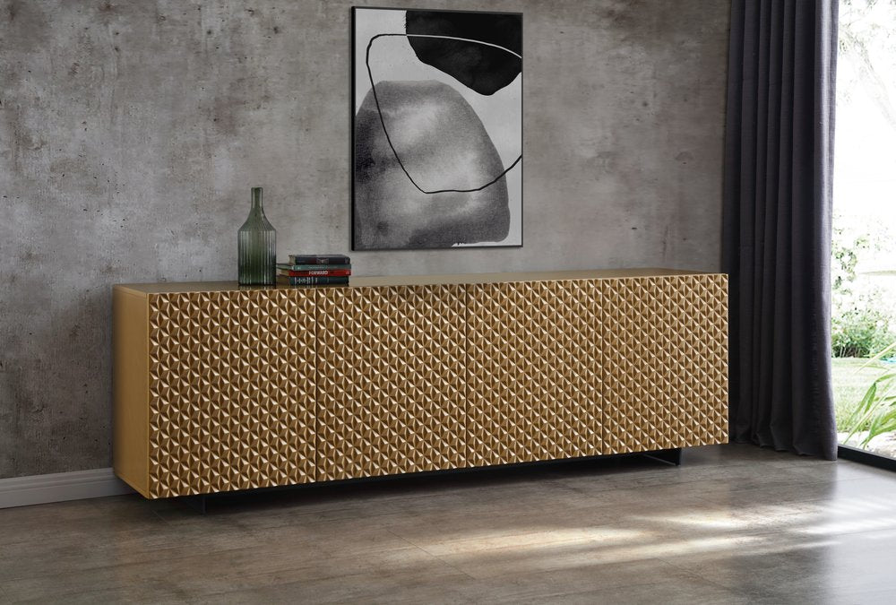 94" Gold Wood Carved Geometric Sideboard With Four Doors