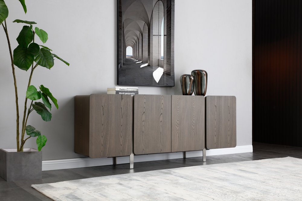79" Light Gray Wood Sideboard With Four Doors
