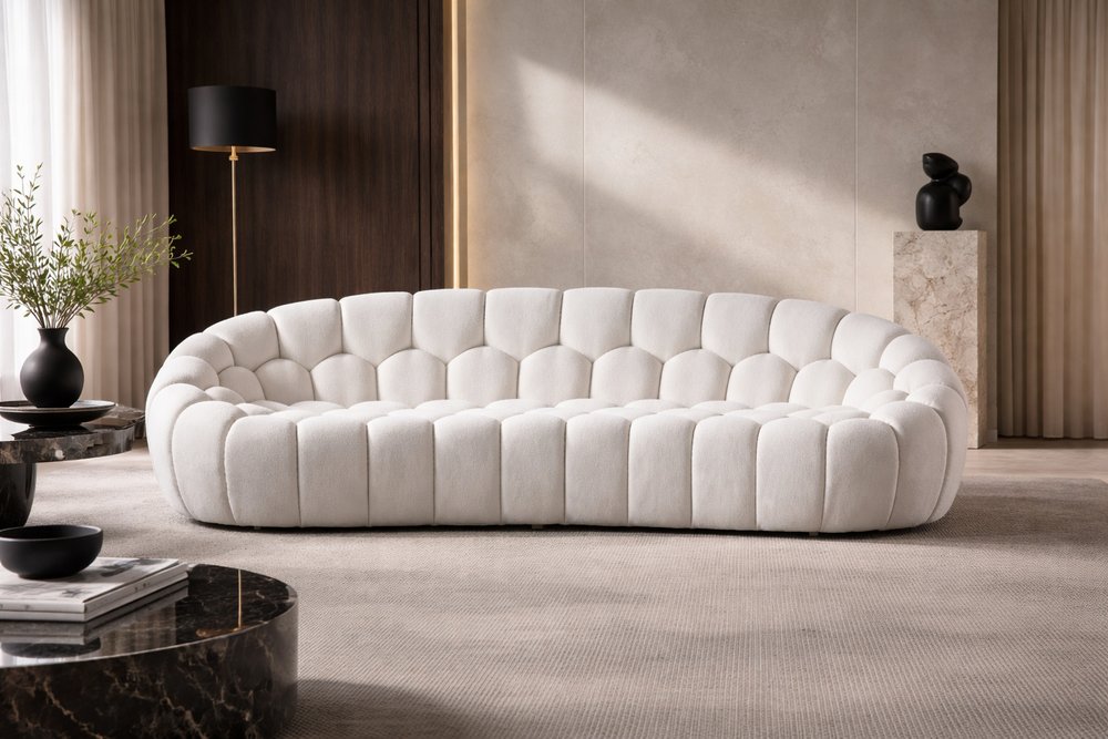 105" White Boucle Curved Sofa