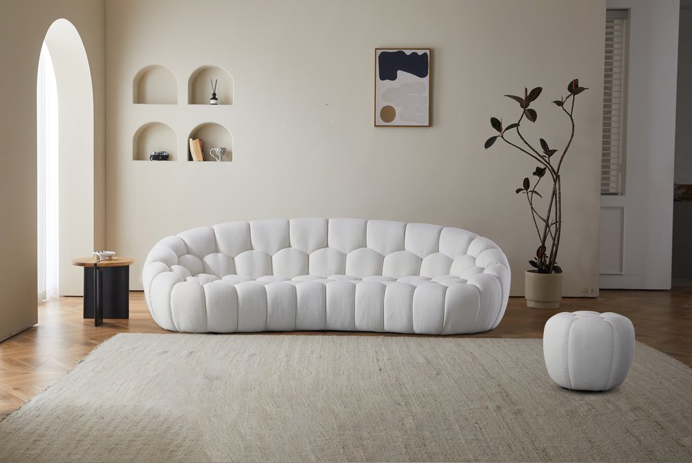 105" White Boucle Curved Sofa
