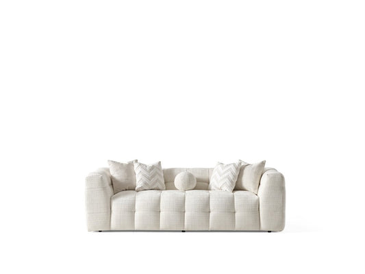 91" Beige Chenille Sofa With Toss Pillows