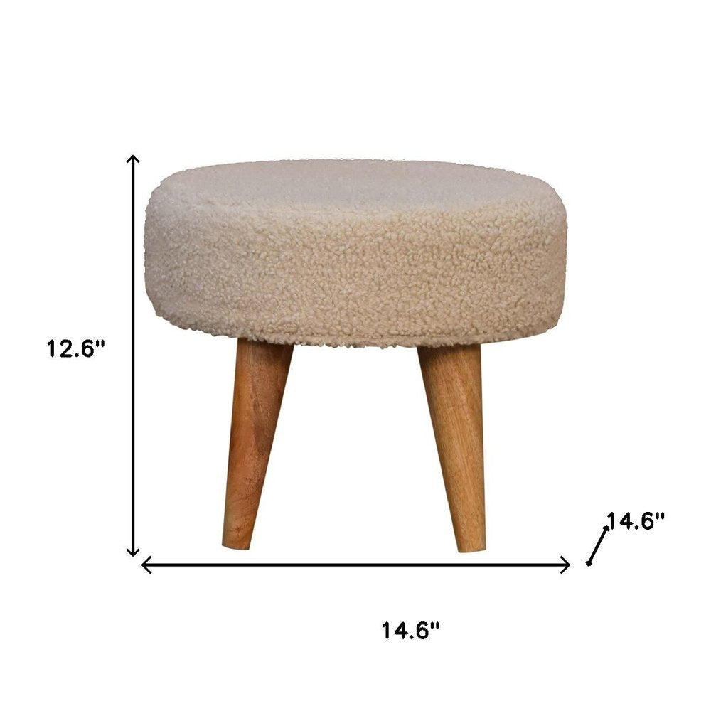 15" Cream and Brown Boucle Round Footstool