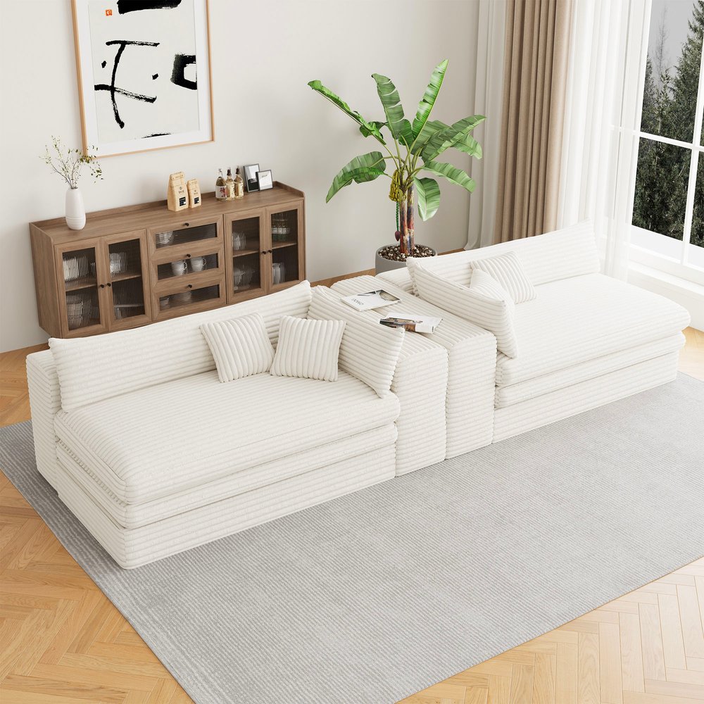162" White Corduroy Sofa